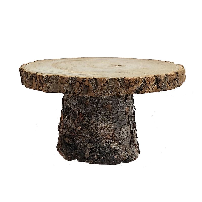 Alzatina legno con tronco rustico e piatto in legno con corteccia